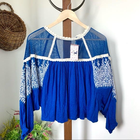 NWT Free People Carly Embroidered Top Blue XS - Picture 3 of 15